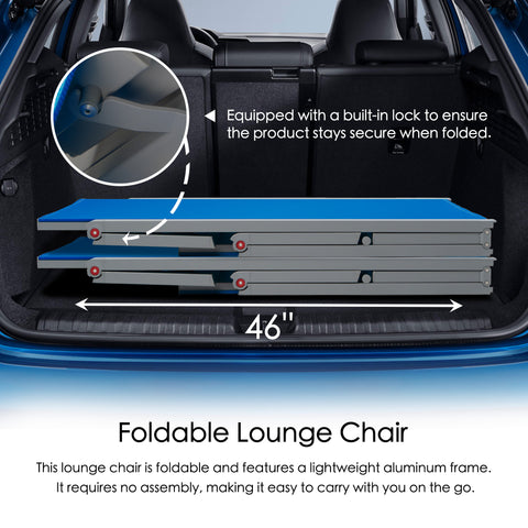 Convenient Foldable Lounge Chair
alt text:An image of a blue foldable lounge chair with a lightweight aluminum frame, fitting in a car trunk. It has a built - in lock for security when folded and requires no assembly. Keywords: foldable lounge chair, lightweight aluminum frame, no assembly