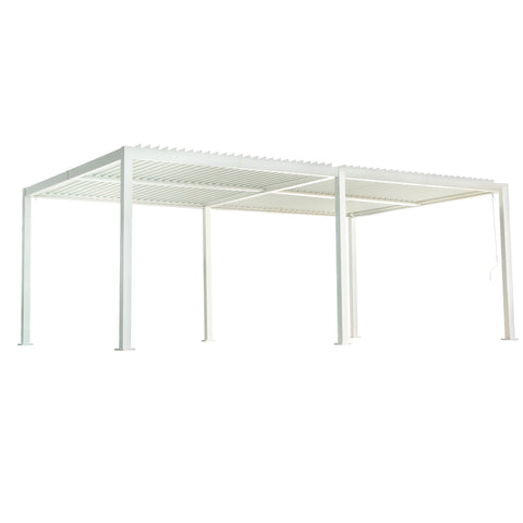 A contemporary white louvered pergola with a minimalist design. It features a louvered roof supported by sturdy white columns, offering a stylish and functional outdoor shelter solution.Contemporary White Louvered Pergola for Outdoor Spaces. louvered pergola, white pergola, contemporary design, outdoor shelter.
