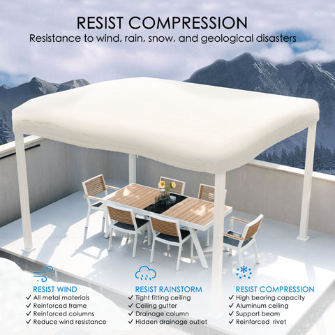 A white louvered pergola designed for outdoor use, providing shelter over a dining area with a table and chairs. It highlights features for resisting wind, rainstorm, and compression, including all - metal materials, tight - fitting ceiling, and high - bearing - capacity components. Louvered Pergola: Weather - Resistant Outdoor Structure. louvered pergola, weather - resistant, wind resistance, rainstorm resistance, compression resistance.
