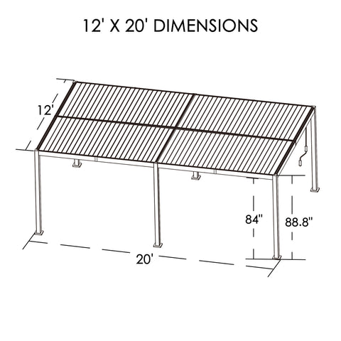 Technical drawing of a louvered pergola with dimensions clearly marked. It showcases a 12' x 20' pergola with height details of 84" and 88.8", providing precise measurements for planning and installation.Louvered Pergola: 12' X 20' Dimensions Illustration.louvered pergola, 12x20 pergola, pergola dimensions, technical drawing.