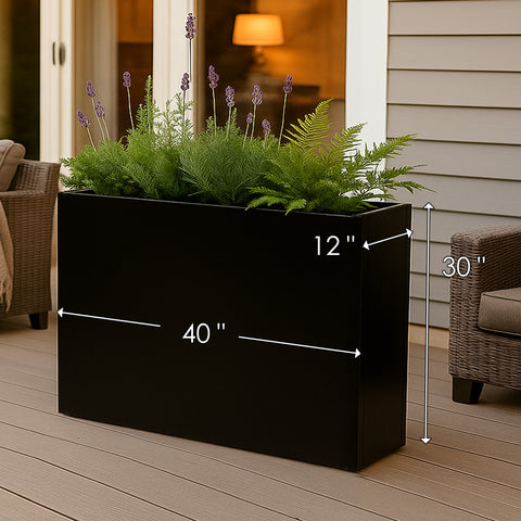 Kozyard Metal Rectangular Planter Box Steel Long Box Planter Black Powder Coated Steel Plant Pot All-Weather Use with Partition Panel for Indoor Outdoor for Trees, Plants Flowers