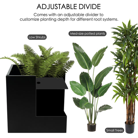 A black cube - shaped metal planter with an adjustable divider, demonstrating its versatility for planting low shrubs, medium - sized potted plants, and small trees. Ideal for customizing planting depth based on different root systems. Black Cube Metal Planter with Adjustable Divider. Cube metal planter, steel planter box, black steel flower pot, adjustable divider.
