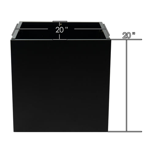 A black cube - shaped metal planter box with dimensions labeled as 20 inches in both width and height. Crafted from steel, it is suitable for both indoor and outdoor use to showcase flowers or plants. Black Cube Metal Planter Dimensions. Cube metal planter, steel planter box, black steel flower pot, planter dimensions
