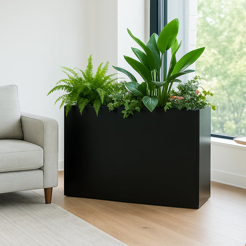 Kozyard Metal Rectangular Planter Box Steel Long Box Planter Black Powder Coated Steel Plant Pot All-Weather Use with Partition Panel for Indoor Outdoor for Trees, Plants Flowers