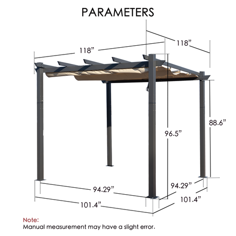 Pergola Dimensions and Specifications
alt text:A diagram showing the precise measurements of a pergola, including lengths and heights of its components. Note mentions possible slight error in manual measurement. Keywords: pergola parameters, outdoor structure dimensions