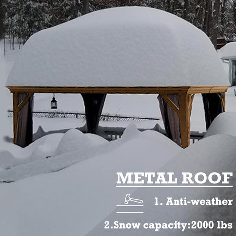 An outdoor aluminum gazebo with a wood - grain finish is shown covered in a thick layer of snow. The metal roof of the gazebo is prominently featured, highlighting its ability to withstand heavy snow loads, with a specified snow capacity of 2000 lbs. The text emphasizes the roof's anti - weather properties. Durable Metal Roof of Outdoor Aluminum Wood - Grain Gazebo for Heavy Snow. outdoor aluminum gazebo, wood - grain finish, metal roof, anti - weather, snow capacity, heavy snow.