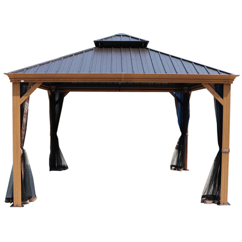 An outdoor gazebo features a dark - colored metal roof and wooden - look aluminum frame. It is equipped with elegant black curtains and sheer mosquito netting, providing both privacy and protection from insects. The structure is designed for a comfortable outdoor relaxation space. Elegant Outdoor Gazebo with Privacy and Bug - Proof Features. outdoor gazebo, metal roof, wooden - look frame, black curtains, mosquito netting