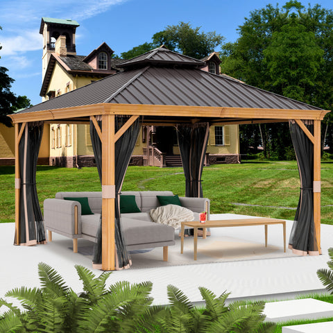 A cozy outdoor aluminum gazebo with a wood - grain finish offers a relaxing spot. Its dark metal roof contrasts with the wooden - look frame. Inside, there is a comfortable grey sofa with green cushions, a wooden coffee table, and elegant black curtains, all set against a backdrop of a charming house and lush greenery. Charming Outdoor Wood - Grain Gazebo for Relaxation. outdoor gazebo, aluminum wood - grain, dark metal roof, relaxation area, comfortable furniture.