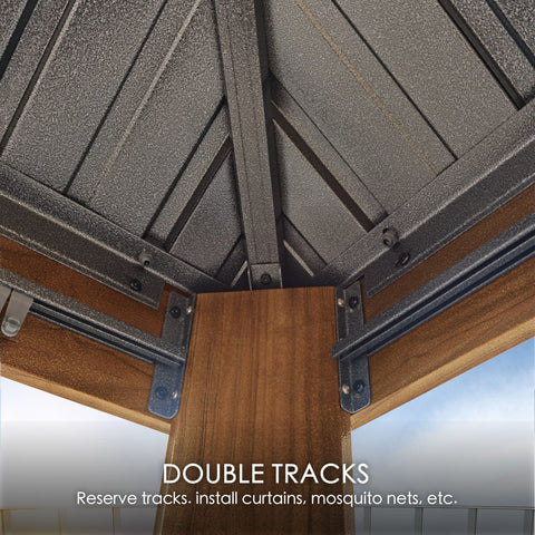 A close - up view of the corner of an outdoor aluminum wood - grain gazebo, highlighting its double - track system. The image shows the metal roof with a textured finish and the wooden - look aluminum posts. The double - track system, indicated by the text, allows for the installation of curtains, mosquito nets, and other accessories. Outdoor Aluminum Wood - Grain Gazebo: Double - Track Installation Feature. outdoor aluminum gazebo, wood - grain finish, double tracks, curtain installation, mosquito net.