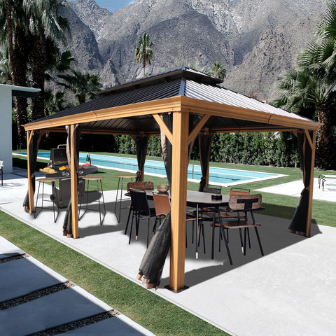 An outdoor aluminum gazebo with a wood - grain finish, set against a backdrop of a pool, palm trees, and mountains. The dark - colored metal roof contrasts with the wooden - look frame. Under the gazebo, there is an outdoor dining setup with a table and chairs, and a barbecue grill, creating a perfect spot for outdoor gatherings. Outdoor Aluminum Wood - Grain Gazebo for Poolside Gatherings. outdoor aluminum gazebo, wood - grain finish, poolside, outdoor dining, barbecue, mountain view.