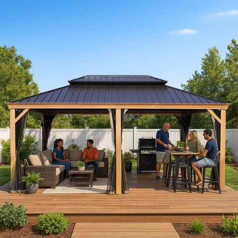 Kozyard Apollo 12’x18’ Hardtop Gazebo, Wooden Coated Aluminum Frame Canopy with Galvanized Steel Double Roof Permanent Metal Pavilion with Netting
