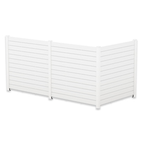 A white outdoor privacy fence with horizontal slats, designed in an L - shape. The fence features a clean, modern look and is suitable for creating private spaces in gardens or patios. Modern White Outdoor Privacy Fence. outdoor privacy fence, white fence, horizontal slat design, garden fencing, patio divider. L shape.