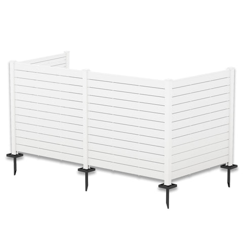 A white outdoor privacy fence with horizontal slats, supported by vertical posts. The fence is equipped with black metal stakes at the bottom for easy ground installation, making it suitable for defining spaces in gardens or patios.Elegant White Outdoor Privacy Fence. outdoor privacy fence, white fence, horizontal slat fence, garden fencing, easy - install fence. U shape.