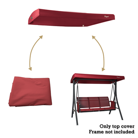 A red-colored canopy for a swing chair is shown in three states: assembled on the swing chair, disassembled, and folded. The text at the bottom reads "Only top cover Frame not included," indicating that only the canopy is being sold, not the swing chair frame. red swing chair canopy, swing chair cover, outdoor canopy, separate canopy, frame not included.
