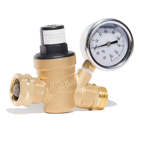 RVAQUA M11-45PSI Water Pressure Regulator for RV Camper - Brass Lead-Free Adjustable RV Water Pressure Reducer with 160 PSI Gauge and Inlet Stainless Screened Filter