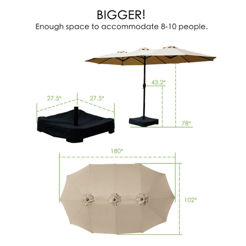A beige Outdoor Patio Double - Sided Aluminum Umbrella is presented with its dimensions. The text "BIGGER! Enough space to accommodate 8 - 10 people." is displayed at the top. The umbrella's canopy measures 180" in length and 102" in width. The stand is 78" tall, with a 43.2" measurement from the ground to a point on the pole. The base has dimensions of 27.5" on each side, and a cover for the base is also shown. Outdoor Patio Double - Sided Aluminum Umbrella: Spacious and Sized Right.outdoor patio umbrella.