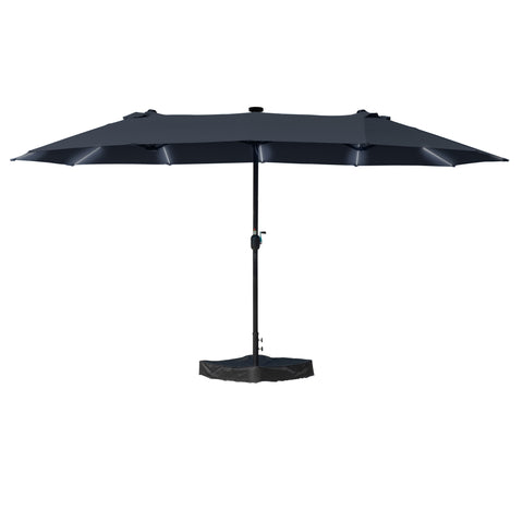 A navy blue rectangular patio umbrella with a black pole and weighted base, fully extended against a white background. Patio umbrella, outdoor shade, navy blue canopy, rectangular umbrella, weighted base, sun protection, garden furniture, outdoor living.