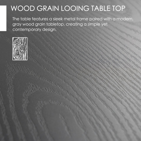 A close - up image of a tabletop with a wood grain pattern in a modern gray color. The text "WOOD GRAIN LOOKING TABLE TOP" at the top highlights the design feature. Below, it describes how the table combines a sleek metal frame with this contemporary gray wood - grain tabletop for a simple yet stylish look. Modern Gray Wood - Grain Looking Tabletop for Outdoor Furniture. wood grain tabletop, gray outdoor table, sleek metal - framed table, contemporary table design, outdoor furniture tabletop.