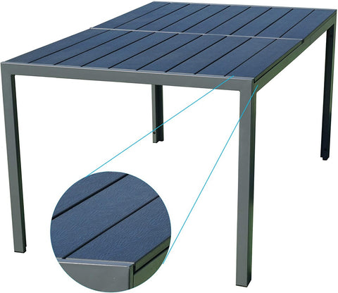 A rectangular outdoor dining table with a grey metal frame and a dark blue composite wood - like tabletop. The close - up inset shows the texture of the slatted tabletop, highlighting its durable and stylish design. Rectangular Outdoor Dining Table with Grey Frame and Composite Wood Top. rectangular dining table, outdoor table, grey frame, composite wood tabletop, slatted design.