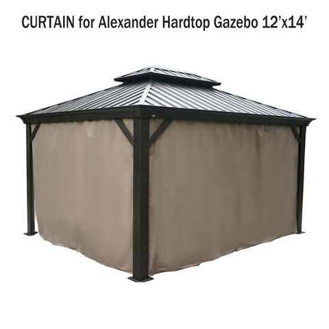 A set of curtains designed for a 12'x14' Alexander Hardtop Gazebo. The curtains are in a neutral beige color and cover the sides of the gazebo, which features a dark - colored metal roof. The text above the image reads "CURTAIN for Alexander Hardtop Gazebo 12'x14'". Beige Curtains for 12'x14' Alexander Hardtop Gazebo. outdoor gazebo, Alexander Hardtop Gazebo, 12x14 gazebo, gazebo curtains, beige curtains.