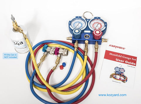 KOZYVACU manifold gauge set with hoses and user guide, compatible with R134a (can not included).KOZYVACU manifold gauge, R134a, hoses, user guide, HVAC tool.KOZYVACU manifold gauge, R134a, hoses, user guide, HVAC tool. KOZYVACU manifold gauge, R134a, hoses, user guide, HVAC tool.