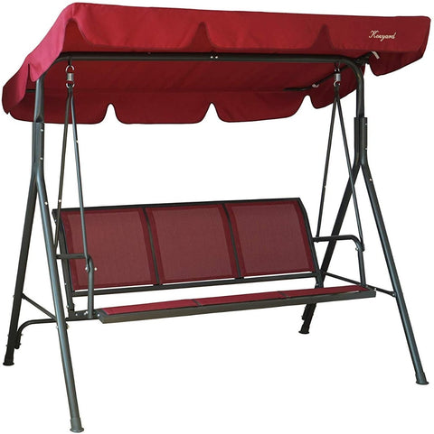 A three-seater swing chair with a red canopy and seating fabric. The chair has a sturdy black metal frame, providing a comfortable and shaded spot for relaxation in outdoor spaces like gardens or patios. Red Canopy Swing Chair for Outdoor Relaxation. swing chair, outdoor seating, red canopy, three-seater, metal frame