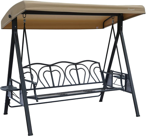 Tan - Canopied Outdoor Swing Bench with Decorative Backrest
An outdoor swing bench featuring a tan canopy and a decorative black metal backrest. It has a sturdy frame and foldable side tables, ideal for creating a stylish and comfortable outdoor relaxation area.