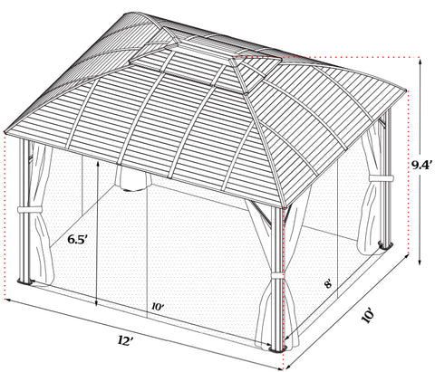 Dimensions of Outdoor Gazebo
A technical drawing of an outdoor gazebo with labeled dimensions: 12 feet in length, 10 feet in width, 9.4 feet in height at the peak, and 6.5 feet in interior height. Keywords: outdoor gazebo, dimensions