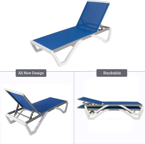 An infographic showcasing a modern outdoor blue lounge bed with a sleek design. The top image shows the lounge bed next to a small table with drinks and snacks. The lower - left image highlights the adjustable backrest with the label "All New Design," and the lower - right image demonstrates the stackable feature of the lounge bed. Modern Outdoor Lounge Bed: New Design and Stackable Feature. outdoor lounge bed, new design, stackable, adjustable backrest, outdoor relaxation.