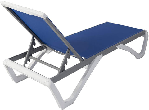 A modern outdoor lounge bed with a blue teslin - like surface and a sleek white frame. The backrest of the lounge bed is adjustable, allowing for different reclining positions. Adjustable Outdoor Lounge Bed with Sleek Design. outdoor lounge bed, adjustable backrest, blue teslin, white frame.