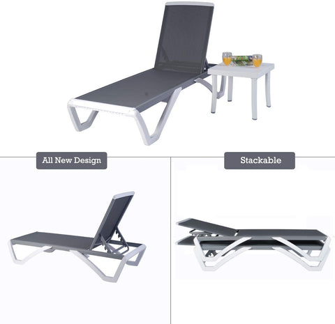 An infographic showcasing a modern outdoor gray lounge bed with a sleek design. The top image shows the lounge bed next to a small table with drinks and snacks. The lower - left image highlights the adjustable backrest with the label "All New Design," and the lower - right image demonstrates the stackable feature of the lounge bed. Modern Outdoor Lounge Bed: New Design and Stackable Feature. outdoor lounge bed, new design, stackable, adjustable backrest, outdoor relaxation.