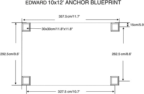 This is a blueprint titled "EDWARD 10x12' ANCHOR BLUEPRINT" showing the measurements for anchoring a gazebo. It includes horizontal and vertical distances between anchor points, with measurements provided in both centimeters and feet. The diagram features square - shaped anchor elements with dimensions of 30x30cm (11.8"x11.8"), and various length measurements such as 357.5cm/11.7', 292.5cm/9.6', 327.5cm/10.7', 262.5cm/8.6', and a 15cm height - related measurement.