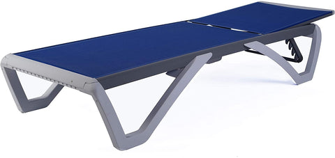 A modern outdoor lounge bed with a sleek design. It has a flat, blue - colored surface and is supported by a white, angular frame. The adjustable backrest mechanism is visible at the rear. Sleek Modern Outdoor Lounge Bed. outdoor lounge bed, modern design, adjustable backrest, blue surface, white frame.