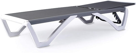 A modern outdoor lounge bed with a sleek design. It has a flat, gray - colored surface and is supported by a white, angular frame. The adjustable backrest mechanism is visible at the rear. Sleek Modern Outdoor Lounge Bed. outdoor lounge bed, modern design, adjustable backrest, gray surface, white frame.
