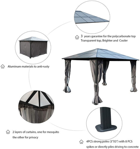 A visual guide presenting the features of a gazebo. The central image features a gazebo with draped curtains, and the surrounding circles explain its benefits: rust - resistant aluminum construction, a durable polycarbonate top with a 3 - year warranty, dual - layer curtains for practical use, and sturdy poles for secure installation. Gazebo: Features and Benefits for Outdoor Enjoyment.Outdoor Gazebo: Key Features for Long - lasting Use. outdoor gazebo, aluminum gazebo, polycarbonate top, two-layer curtain.