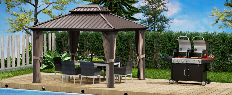 Kozyard Hardtop Gazebo - Permanent Metal Pavilion with Netting and Shaded Curtains for Patio, Backyard, and Deck - Galvanized Steel Outdoor Aluminum Canopy, Double Roof Gazebo
