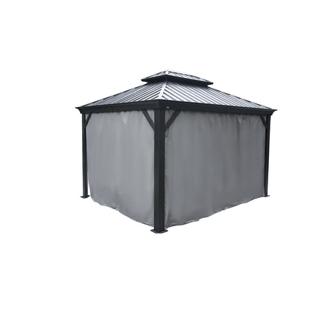 An outdoor double - top gazebo featuring a dark - colored metal roof and attached gray fabric curtains. The curtains surround the gazebo, providing a shaded and private outdoor space. Double - Top Gazebo: Gray Curtains for Privacy. Double - Hard Top Gazebo: Brown Curtains Enhance Outdoor Shelter.double - top gazebo, outdoor gazebo, gray curtains, privacy curtains, gazebo curtains