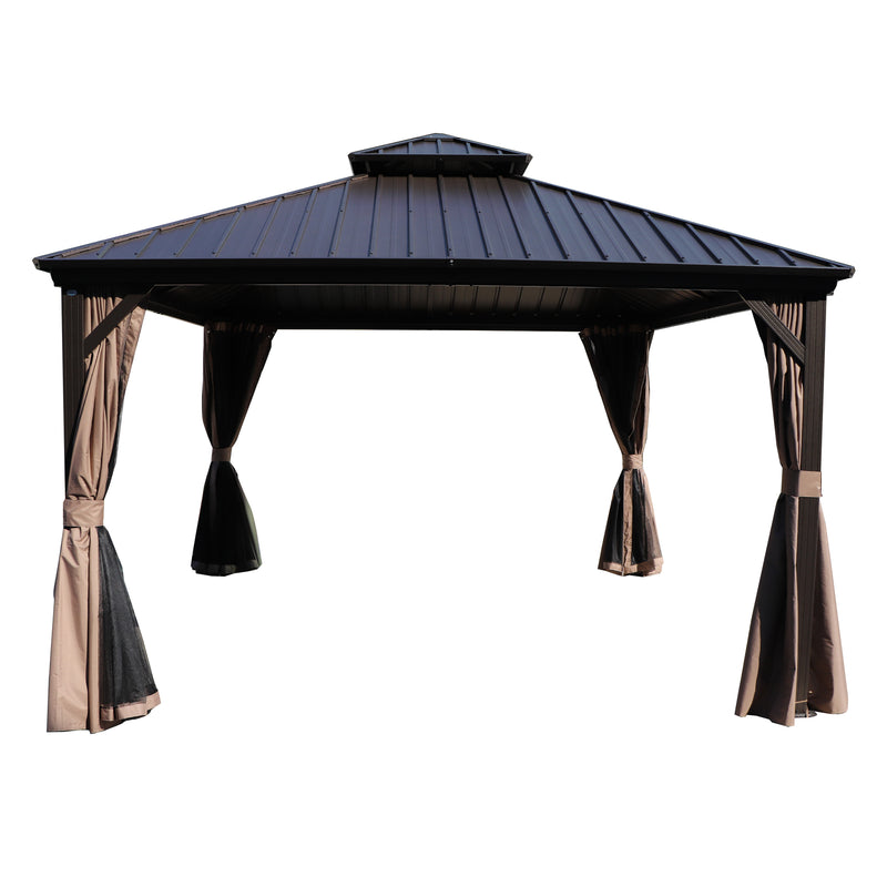 Kozyard Hardtop Gazebo - Permanent Metal Pavilion with Netting and Shaded Curtains for Patio, Backyard, and Deck - Galvanized Steel Outdoor Aluminum Canopy, Double Roof Gazebo