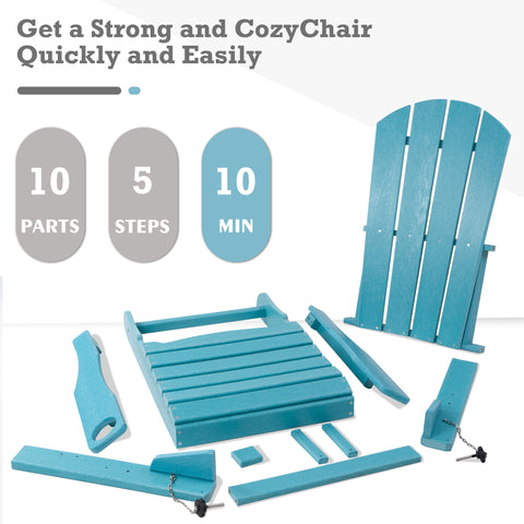 Easily Assembled Teal Adirondack Chair
alt text:An image showing the disassembled parts of a teal Adirondack chair, highlighting that it has 10 parts, can be assembled in 5 steps within 10 minutes. Keywords: teal Adirondack chair, easy assembly, quick setup