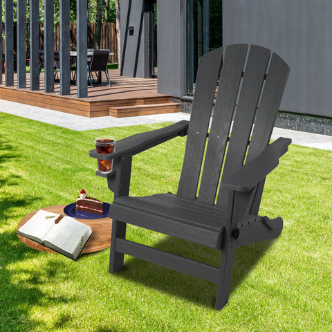 Gray Adirondack Chair for Outdoor Leisure
alt text:A gray Adirondack chair with a cup holder, placed on a grassy area, accompanied by a book, a slice of cake, and a drink, perfect for outdoor relaxation. Keywords: gray Adirondack chair, outdoor leisure, cup holder