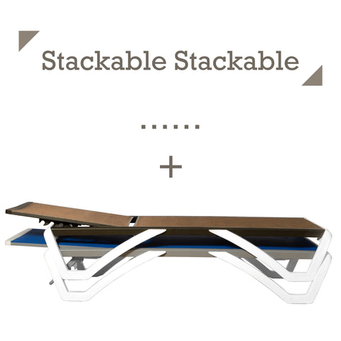 An image demonstrating the stackable feature of outdoor lounge beds. The top lounge bed has a beige woven surface, and it is placed on top of another lounge bed, which has a blue surface. The text "Stackable Stackable" emphasizes the key feature, and a plus sign is shown between the beds to indicate the stacking concept. Stackable Outdoor Lounge Beds for Space - Saving. outdoor lounge beds, stackable, space - saving, woven surface.