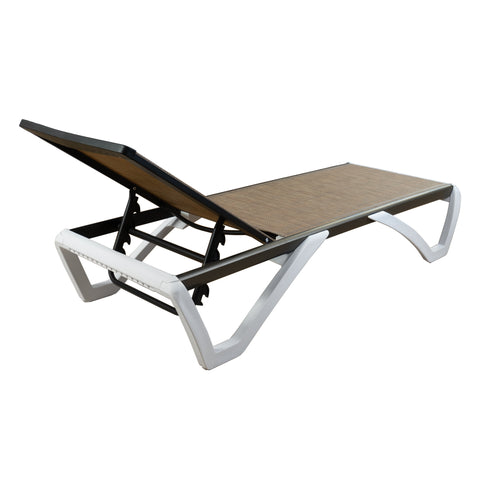 A modern outdoor lounge bed with a beige wicker - like surface and a sleek white frame. The backrest of the lounge bed is adjustable, allowing for different reclining positions. Adjustable Outdoor Lounge Bed with Sleek Design. outdoor lounge bed, adjustable backrest, beige wicker, white frame.