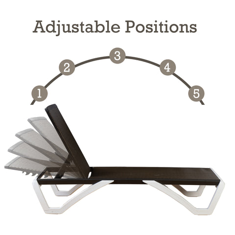An infographic of an outdoor lounge bed highlighting its adjustable positions feature. The image shows the lounge bed with a dark - brown woven surface and white frame, and a visual representation of five different adjustment levels numbered 1 to 5. The text "Adjustable Positions" emphasizes the key feature. Outdoor Lounge Bed with Multiple Adjustable Positions. outdoor lounge bed, adjustable positions, woven surface, lounge bed features.
