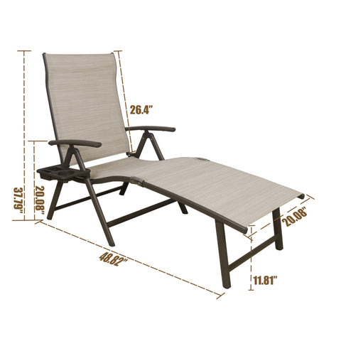 A beige foldable lounge chair with dimensions clearly marked. It has a height of 37.79 inches at the backrest, a length of 48.82 inches from the front edge of the seat to the end of the footrest, and various other measurements noted. The chair also features a detachable cup - holder tray on the side, suitable for outdoor relaxation.Beige Foldable Lounge Chair with Dimensions. beige foldable lounge chair, outdoor lounge chair, chair dimensions, detachable cup - holder.
