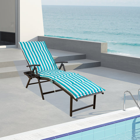 A foldable lounge chair with striking blue and white striped cushions is placed beside a pool, overlooking the sea. The chair comes with a convenient side cup - holder, perfect for relaxing by the water.Foldable Lounge Chair with Blue - White Striped Cushions by the Poolside. foldable lounge chair, blue and white striped cushions, poolside chair, side cup - holder, seaside relaxation.
