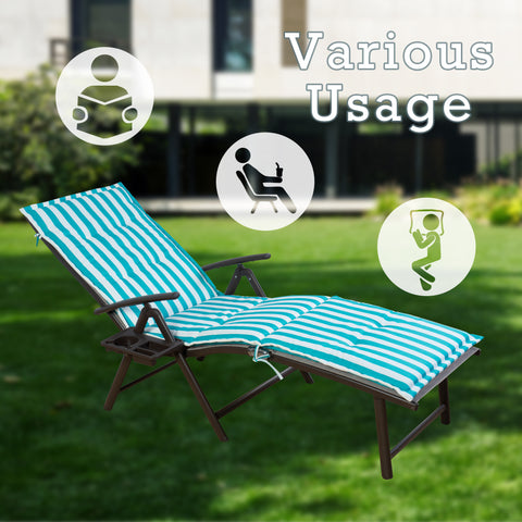 A foldable lounge chair with blue - and - white striped cushions, suitable for various uses. The chair comes with a side cup - holder, and can be used for reading, relaxing with a drink, or simply unwinding. It is set in a pleasant outdoor environment, highlighting its versatility for outdoor leisure. Foldable Lounge Chair with Blue - White Striped Cushions for Multiple Uses. foldable lounge chair, blue - and - white striped cushions, side cup - holder, multiple uses, outdoor leisure