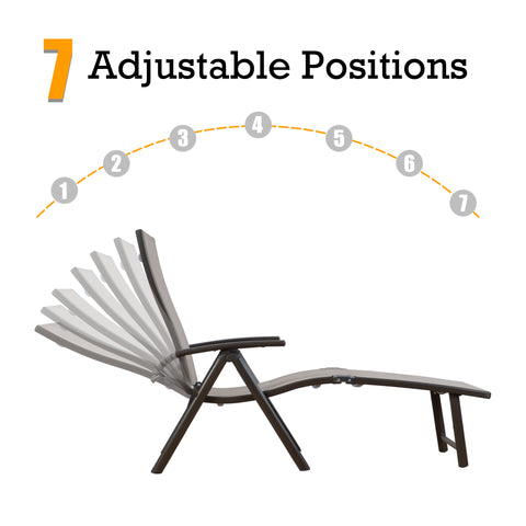A beige foldable lounge chair that offers 7 adjustable positions for customized comfort. The chair allows users to easily change its angle, making it suitable for various activities like relaxing, reading, or sun - bathing.Beige Foldable Lounge Chair with 7 Adjustable Positions. beige foldable lounge chair, 7 adjustable positions, customizable comfort, outdoor relaxation.