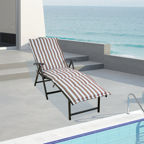 A foldable lounge chair with striking beige and white striped cushions is placed beside a pool, overlooking the sea. The chair comes with a convenient side cup-holder, perfect for relaxing by the water. foldable lounge chair, beige and white striped cushions, poolside chair, side cup-holder, seaside relaxation.