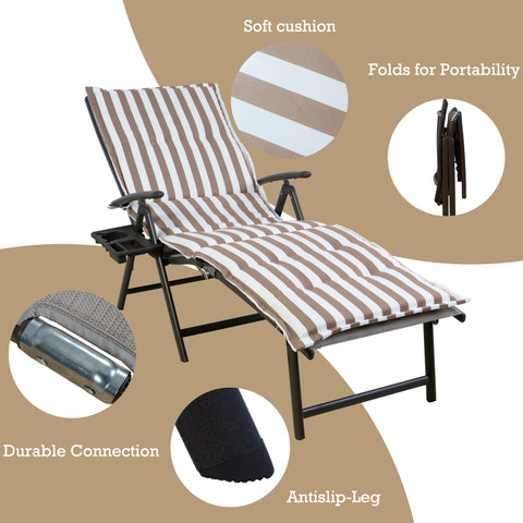 A foldable lounge bed with eye-catching beige and white striped cushions, offering comfort with its soft padding. The chair features a durable metal connection, anti-slip legs for stability, and can be easily folded for portability. foldable lounge bed, beige and white striped cushions, soft cushion, durable connection, anti-slip legs, portable.