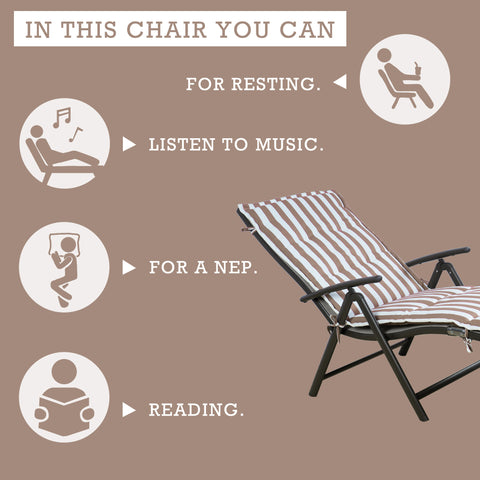 A foldable lounge chair with beige and white striped cushions. It is perfect for multiple relaxing activities such as resting, listening to music, taking a nap, and reading. The chair provides a comfortable spot for leisure in various settings.Beige and White Striped Foldable Lounge Chair for Relaxation.foldable lounge chair, beige and white striped cushions, relaxation, resting, listening to music, napping, reading